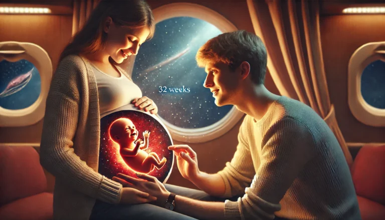 Padre hablando con su bebé de 32 semanas en el útero, con el bebé sonriendo mientras escucha su voz. ❤️