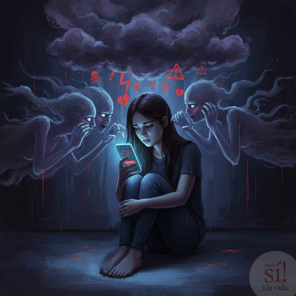 Ilustración dramática de una joven mirando su móvil mientras sombras oscuras la rodean, representando los riesgos emocionales y sociales del aborto químico por pastillas compradas online.