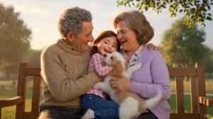 niña alegre con sindrome de Down haciendo feliz a sus abuelos