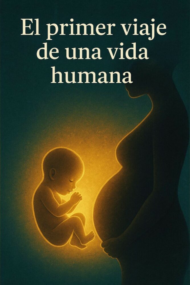 Bebé en el vientre materno iluminado por luz dorada, símbolo del primer viaje de una vida humana.