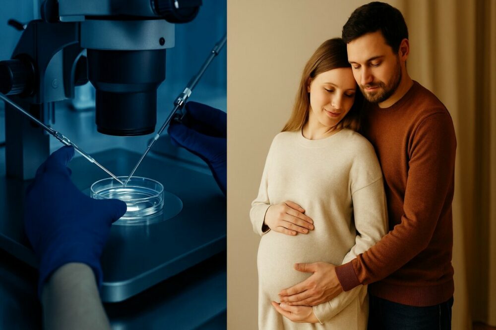 Laboratorio clínico y pareja abrazada esperando un hijo, contraste simbólico entre ciencia y amor humano.