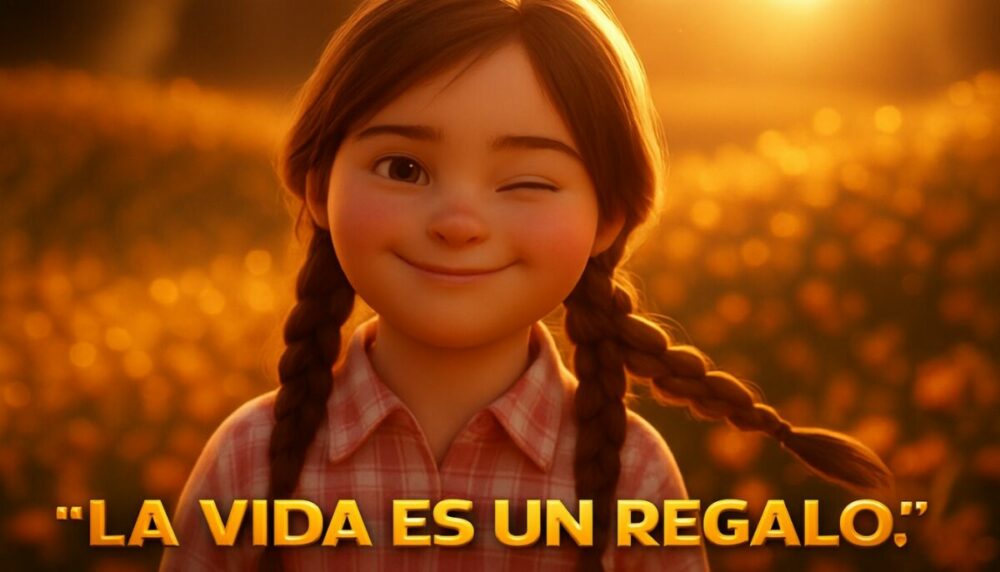 Niña con síndrome de Down sonriendo en un campo de flores al atardecer