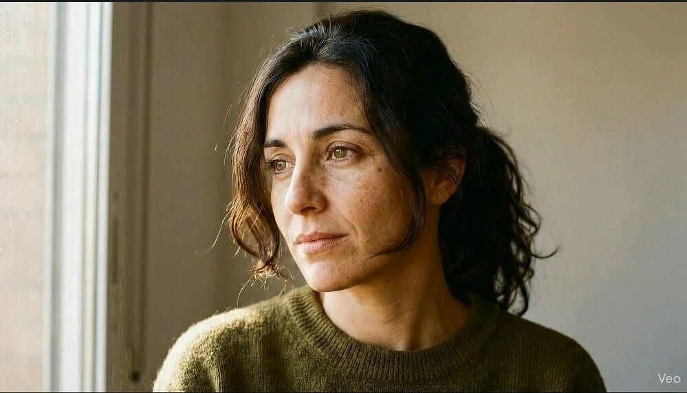 Mujer mirando por la ventana con expresión de duda en el cortometraje Antes de Nacer.