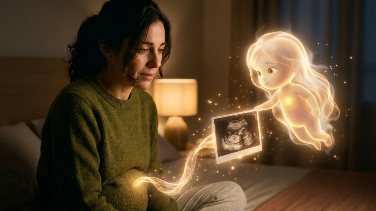 Escena simbólica de una mujer observando su ecografía acompañada por la figura de luz del cortometraje.