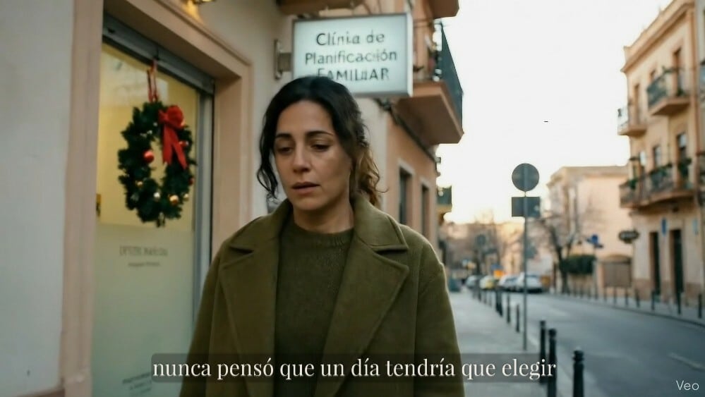 Mujer frente a una clínica de planificación familiar expresando incertidumbre.