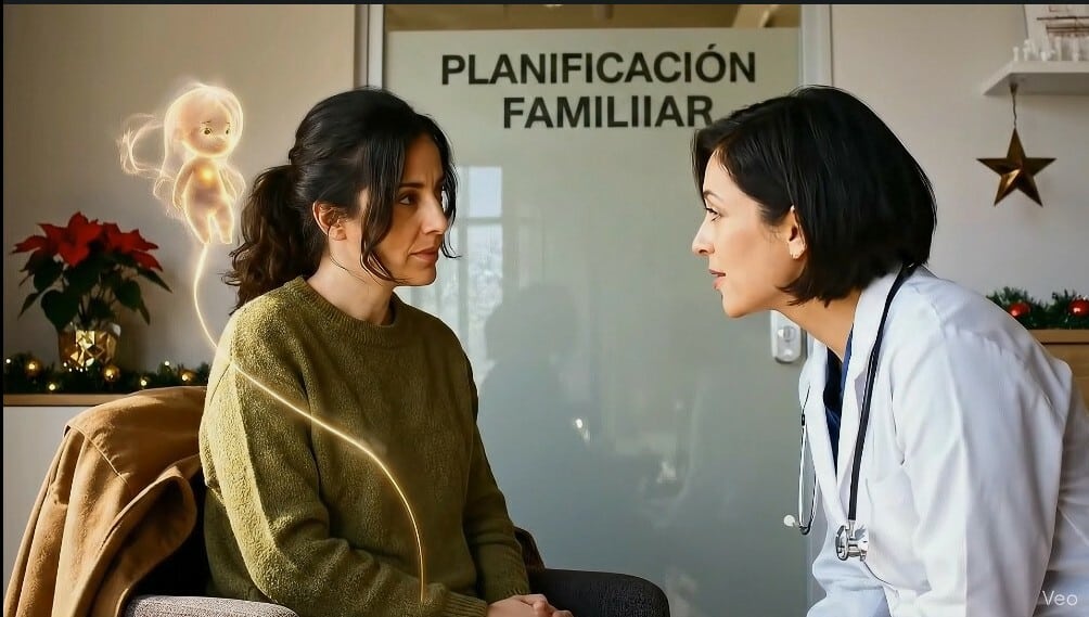 Conversación emocional entre una mujer y una doctora en una consulta cálida y humana.