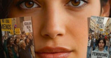 Mujer joven en manifestación defendiendo los derechos de la mujer y la igualdad real frente a la discriminación prenatal.