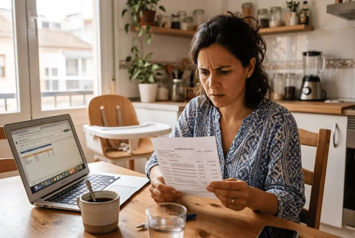 Autónoma revisando el recibo de la cuota de autónomos en la mesa de su cocina