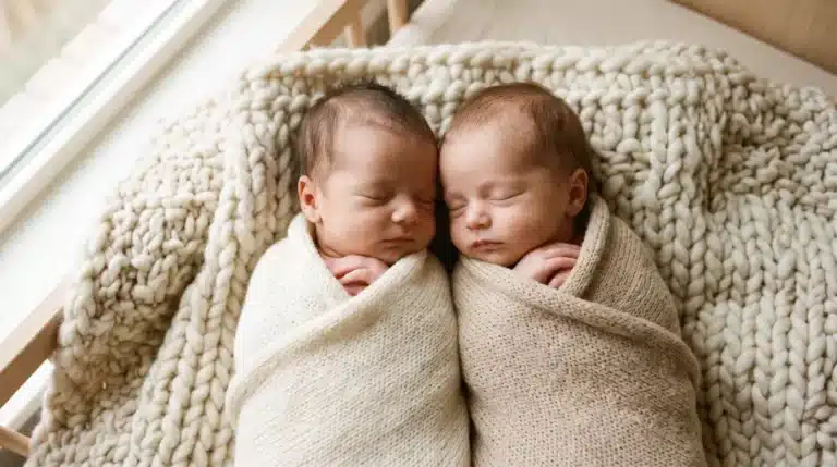 Dos bebés gemelos recién nacidos dormidos juntos envueltos en arrullos