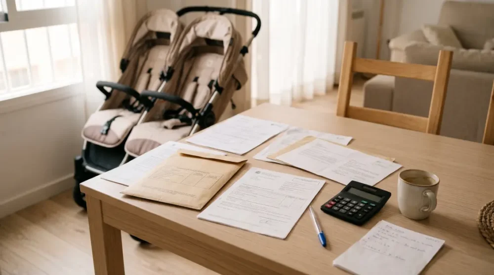 Formularios de la Seguridad Social y una calculadora sobre la mesa para solicitar el pago único por parto múltiple