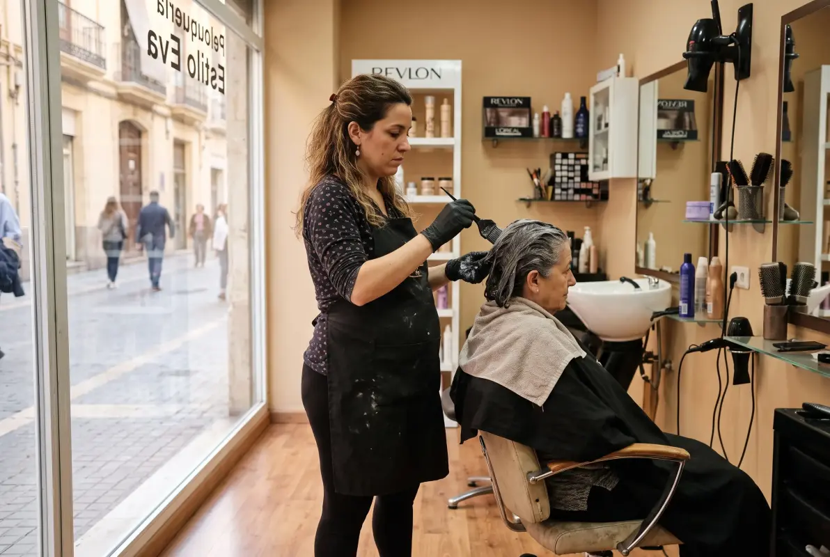 Peluquera autónoma embarazada trabajando de pie en su local con productos químicos