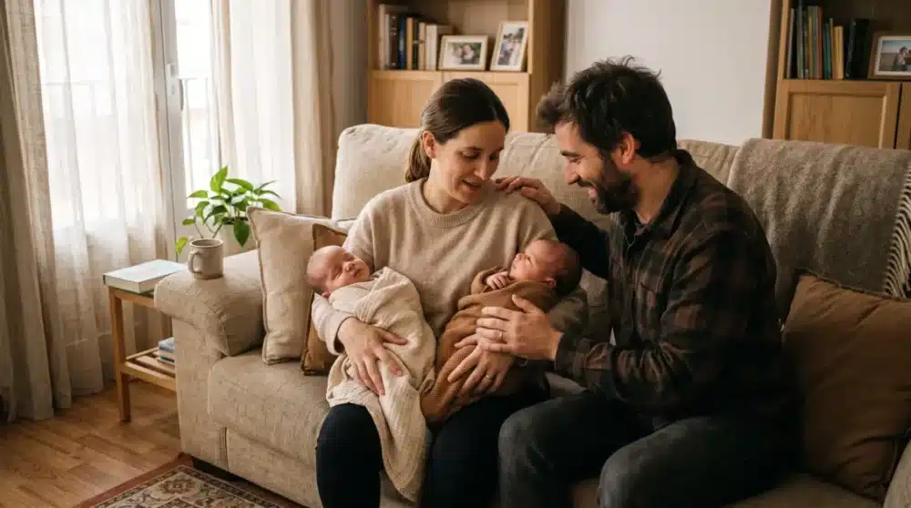 Madre y padre sosteniendo a sus dos bebés gemelos en el sofá de casa