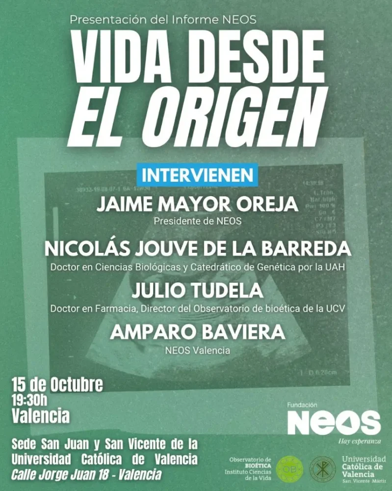 Cartel oficial de NEOS de la presentación del informe Vida desde el origen el 15 de octubre en Valencia
